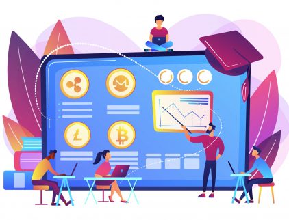 Financial literacy education, e business school. Cryptocurrency trading courses, crypto trade academy, learn how to trade cryptocurrency concept. Bright vibrant violet vector isolated illustration